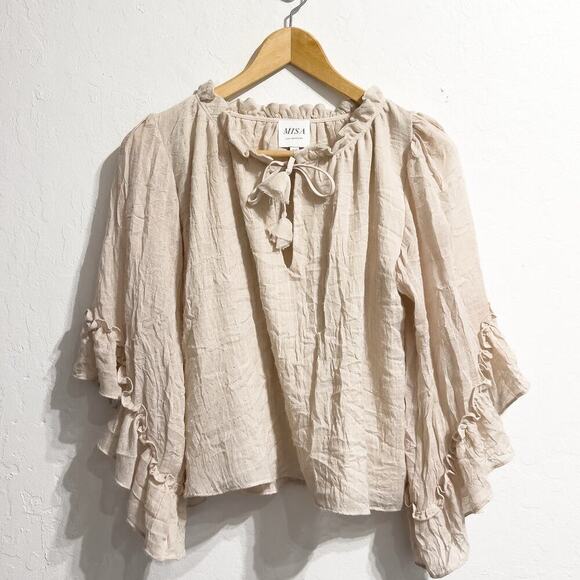 MISA Bell Ruffle Sleeve Lined Peasant Top Beige Sz XS USA Boho Hippie FLAWED - Picture 1 of 10